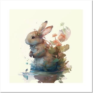 Watercolor peaceful bunny scene Posters and Art